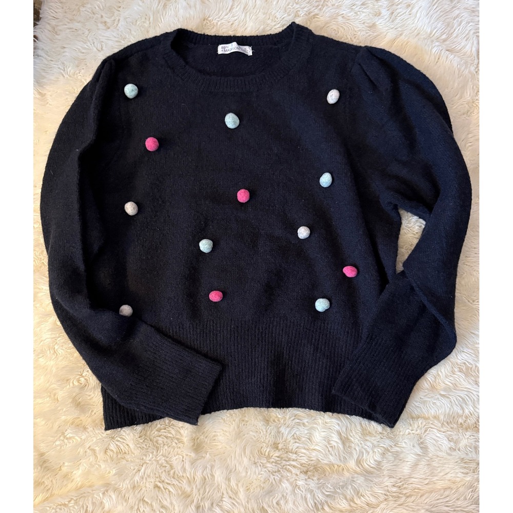 89th + Madison Pom Pom Sweater Womens XL Coquette Black Pastel Puff Sleeve‎ Knit